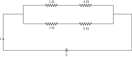 Four resistors are connected across an ideal dc source of V = 8.0 V, as shown in the figure. Assume all resistances shown are accurate to two significant figures. What is the current through the 9.0-Ω resistor?   A)  1.0 A B)  0.67 A C)  0.50 A D)  0.90 A E)  2.0 A