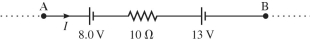 A portion of a circuit is shown in the figure, and the batteries are ideal. What is the potential difference V<sub>A </sub>- V<sub>B</sub> if I = 5.0 A?   A)  63 V B)  35 V C)  55 V D)  45 V E)  71 V