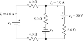 For the circuit shown in the figure, calculate the emf's ε<sub>1</sub> and ε<sub>3</sub>, assuming that the batteries are ideal. Note that two currents are shown.  