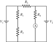 In the circuit shown in the figure, R<sub>1</sub> = R<sub>2</sub> = 90.0 Ω, R<sub>3</sub> = R<sub>4</sub> = 20.0 Ω, V<sub>1</sub> = 7.0 V, V<sub>2</sub> = 8.0 V, and the batteries are both ideal. What current does the ammeter read?   A)  0.40 A B)  0.050 A C)  0.83 A D)  0.056 A