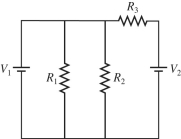 In the circuit shown in the figure, R<sub>1</sub> = 60 Ω, R<sub>2</sub> = 120 Ω, R<sub>3</sub> = 180 Ω, V<sub>1</sub> = 3.0 V, V<sub>2</sub> = 6.0 V, and the batteries are both ideal. What is the current through R<sub>1</sub>?   A)  0.050 A B)  0.030 A C)  0.00 A D)  2.68 A
