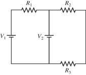 In the circuit shown in the figure, R<sub>1</sub> = 10 Ω, R<sub>2</sub> = 12 Ω, R<sub>3</sub> = 20 Ω, V<sub>1</sub> = 1.0 V, V<sub>2</sub> = 7.0 V, and the batteries are both ideal. What is the current through R<sub>1</sub>?   A)  0.60 A B)  0.80 A C)  0.18 A D)  0.13 A