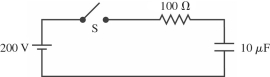 The capacitor shown in the circuit in the figure is initially uncharged when the switch S is suddenly closed, and the battery is ideal. After one time constant has gone by, find (a) the current through the resistor and (b) the charge on the capacitor. Assume that the numbers shown are all accurate to two significant figures.  
