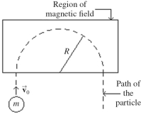  In the figure, a small particle of charge -1.9 x  10^{ - 6}  C and mass  m = 3.1 \times 10 ^ { - 12 } \mathrm {~kg}  has speed  0 ^ { \prime } 0 = 8.1 \times 10 ^ { 3 } \mathrm {~m} / \mathrm { s }  as it enters a region of uniform magnetic field. The particle is initially traveling perpendicular to the magnetic field and is observed to travel in the semicircular path shown with radius R = 5.0 cm. Find the magnitude and direction of the magnetic field in the region.   