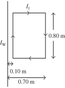  In the figure, a rectangular current loop is carrying current I<sub>1</sub> = 7.0 A, in the direction indicated, near a long wire carrying a current I<sub>w</sub>. The long wire is parallel to the sides of the rectangle. The rectangle loop has length 0.80 m and its sides are 0.10 m and 0.70 m from the wire. If the net force on the loop is to have magnitude  1.7 \times 10 ^ { - 6 } \mathrm {~N}  and is to be directed towards the wire, what must be the magnitude and direction (from top to bottom or from bottom to top in the sketch) of the current I<sub>w</sub> in the wire? (μ<sub>0</sub> = 4π × 10<sup>-7</sup> T ∙ m/A)   