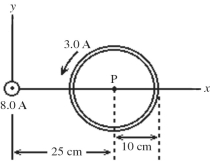 A long straight wire on the z-axis carries a current of 8.0 A in the +z direction (out of the paper) . A circular loop of radius 10 cm lies in the xy-plane and carries a 3.0-A current, as shown in the figure. Point P, at the center of the loop, is 25 cm from the z-axis. An electron is projected from P with a velocity of 3.0 × 10<sup>6</sup> m/s in the -x direction. What is the y component of the magnetic force on the electron? (e = 1.60 × 10<sup>-19</sup>, μ<sub>0</sub> = 4π × 10<sup>-7</sup> T ∙ m/A)    A)  -9.0 × 10<sup>-18</sup> N B)  9.0 × 10<sup>-18</sup> N C)  -4.5 × 10<sup>-18</sup> N D)  4.5 × 10<sup>-1</sup><sup>8</sup> N E)  zero