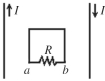 As shown in the figure, two parallel wires carry a current I in opposite directions, and this current is decreasing. A rectangular loop is centered between the wires. The direction of the induced current through the resistor R is   A)  from a to b. B)  from b to a. C)  No current is induced.