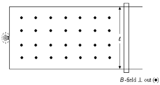 A conducting rod whose length is ℓ = 1.60 m is placed on frictionless U-shaped metal rails that is connected to a lightbulb having a resistance of 4.00 Ω as shown in the figure. The rails and the rod are in the plane of the page. A constant uniform magnetic field of strength 2.20 T is applied perpendicular to and out of the paper. An external applied force moves the rod to the right with a constant speed of 6.00 m/s. At what rate is energy dissipated in the lightbulb?   A)  60.0 W B)  121 W C)  21.2 W D)  112 W E)  11.5 W