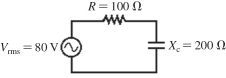 As shown in the figure, an ac source whose rms voltage is 80 V is in series with a 100-Ω resistor and a capacitor whose reactance is 200 Ω at the frequency of the source. What is the rms voltage across the capacitor?   A)  66 V B)  68 V C)  70 V D)  72 V E)  74 V