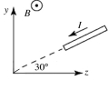 A wire segment 1.2 m long carries a current I = 3.5 A, and is oriented as shown in the figure. The +x-axis points directly into the page. A uniform magnetic field of magnitude 0.50 T pointing toward the -x direction is present as shown. What is the magnetic force vector on the wire segment?   A)  (+1.1   - 1.8   )  N B)  (-1.1   + 1.8   )  N C)  (-1.1   - 1.8   )  N D)  (+1.8   - 1.1   )  N E)  (-1.8   + 1.1   )  N