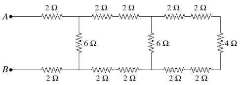Thirteen resistors are connected across points A and B as shown in the figure. If all the resistors are accurate to 2 significant figures, what is the equivalent resistance between points A and B?   A)  4.0 Ω B)  6.0 Ω C)  8.0 Ω D)  10 Ω E)  12 Ω