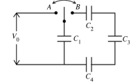 The four identical capacitors in the circuit shown in the figure are initially uncharged. Let the charges on the capacitors be Q<sub>1</sub>, Q<sub>2</sub>, Q<sub>3</sub>, and Q<sub>4</sub> and the potential differences across them be V<sub>1</sub>, V<sub>2</sub>, V<sub>3</sub>, and V<sub>4</sub>. The switch is thrown first to position A and kept there for a long time. It is then thrown to position B. Which of the following conditions is true with the switch in position B?   A)  V<sub>1</sub> = V<sub>2</sub> = V<sub>3</sub> = V<sub>4</sub> B)  V<sub>1</sub> = V<sub>0</sub> C)  V<sub>1</sub> + V<sub>2</sub> + V<sub>3</sub> + V<sub>4</sub> = V<sub>0</sub> D)  Q<sub>1</sub> = 3 Q<sub>2</sub> E)  Q<sub>1</sub> = Q<sub>2</sub>