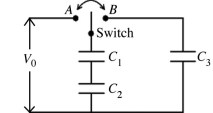 In the circuit shown in the figure, the capacitors are initially uncharged. The switch is first thrown to position A and kept there for a long time. It is then thrown to position B. Let the charges on the capacitors be Q<sub>1</sub>, Q<sub>2</sub>, and Q<sub>3</sub> and the potential differences across them be V<sub>1</sub>, V<sub>2</sub>, and V<sub>3</sub>. Which of the following conditions must be true with the switch in position B?   A)  V<sub>1</sub> = V<sub>2</sub> = V<sub>3</sub> B)  V<sub>1</sub> + V<sub>2</sub> = V<sub>3</sub> C)  V<sub>3</sub> = V<sub>0</sub> D)  Q<sub>1</sub> = Q<sub>2</sub> = Q<sub>3</sub> E)  Q<sub>1</sub> + Q<sub>2</sub> = Q<sub>3</sub>