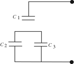 Three capacitors are arranged as shown in the figure. C<sub>1</sub> has a capacitance of 5.0 pF, C<sub>2</sub> has a capacitance of 10.0 pF, and C<sub>3 </sub>has a capacitance of 15.0 pF. Find the voltage drop across the entire arrangement if the voltage drop across C<sub>2 </sub>is 311 V.   A)  1900 V B)  1200 V C)  570 V D)  520 V