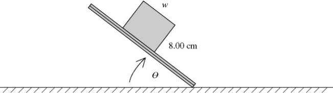 A solid uniform brick is placed on a sheet of wood. When one end of the sheet is raised (see figure) , you observe that the maximum that the angle θ can be without tipping over the brick is 49.6°. There is enough friction to prevent the brick from sliding. What is the width w of the brick?   A)  5.18 cm B)  6.09 cm C)  6.81 cm D)  9.40 cm E)  10.5 cm