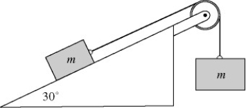 In the figure, two boxes, each of mass 24 kg, are at rest and connected as shown. The coefficient of kinetic friction between the inclined surface and the box is 0.31. Find the speed of the boxes just after they have moved 1.6 m.  