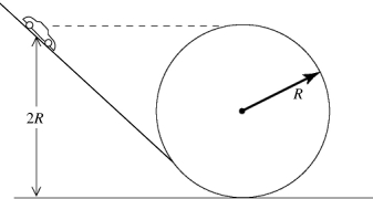 In the figure, a very small toy race car of mass m is released from rest on the loop-the-loop track. If it is released at a height 2R above the floor, how high is it above the floor when it leaves the track, neglecting friction?   A)  1.67 R B)  2.00 R C)  1.50 R D)  1.33 R E)  1.25 R
