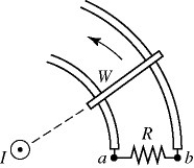 In the figure,a straight wire carries a steady current I perpendicular to the plane of the page.A bar is in contact with a pair of circular rails,and rotates about the straight wire.The direction of the induced current through the resistor R is   A) from a to b. B) from b to a. C) There is no induced current through the resistor.