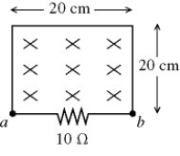 As shown in the figure,a wire and a 10-Ω resistor are used to form a circuit in the shape of a square,20 cm by 20 cm.A uniform but nonsteady magnetic field is directed into the plane of the circuit.The magnitude of the magnetic field is decreased from 1.50 T to 0.50 T in a time interval of 63 ms.The average induced current and its direction through the resistor,in this time interval,are closest to   A) 63 mA,from b to a. B) 38 mA,from b to a. C) 63 mA,from a to b. D) 38 mA,from a to b. E) 95 mA,from a to b.