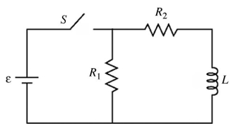 Consider the circuit shown in the figure.The battery has emf ε = 25 volts and negligible internal resistance.The inductance is   and the resistances are R<sub>1 </sub>= 12 Ω and R<sub>2 </sub>= 9.0 Ω.Initially the switch S is open and no currents flow.Then the switch is closed.   (a)What is the current in the resistor R<sub>1</sub> just after the switch is closed? (b)After leaving the switch closed for a very long time,it is opened again.Just after it is opened,what is the current in R<sub>1</sub>?