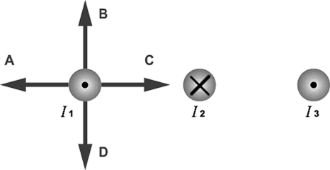 The figure shows three long,parallel current-carrying wires.The magnitudes of the currents are equal and their directions are indicated in the figure.Which of the arrows drawn near the wire carrying current 1 correctly indicates the direction of the magnetic force acting on that wire?   A) A B) B C) C D) D E) The magnetic force on current 1 is equal to zero.