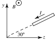 A wire segment 1.2 m long carries a current I = 3.5 A,and is oriented as shown in the figure.The +x-axis points directly into the page.A uniform magnetic field of magnitude 0.50 T pointing toward the -x direction is present as shown.What is the magnetic force vector on the wire segment?   A) (+1.1   - 1.8   ) N B) (-1.1   + 1.8   ) N C) (-1.1   - 1.8   ) N D) (+1.8   - 1.1   ) N E) (-1.8   + 1.1   ) N