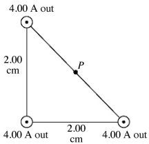 Three very long,straight,parallel wires each carry currents of 4.00 A,directed out of the page as shown in the figure.The wires pass through the vertices of a right isosceles triangle of side 2.00 cm.What is the magnitude of the magnetic field at point P at the midpoint of the hypotenuse of the triangle?   A) 4.42 × 10<sup>-6</sup> T B) 1.77 × 10<sup>-5</sup> T C) 5.66 × 10<sup>-5</sup> T D) 1.26 × 10<sup>-4</sup> T E) 1.77 × 10<sup>-6</sup> T