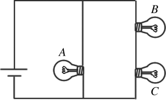 In the circuit shown in the figure,all the lightbulbs are identical.Which of the following is the correct ranking of the brightness of the bulbs?   A) B and C have equal brightness,and A is the dimmest. B) A and B have equal brightness,and C is the dimmest. C) A is brightest,C is dimmest,and B is in between. D) A is the brightest,and B and C have equal brightness but less than A. E) All three bulbs have the same brightness.