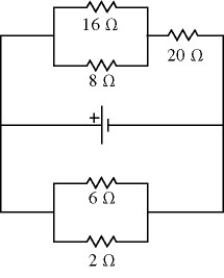 For the circuit shown in the figure,the current in the 8-Ω resistor is 0.50 A,and all quantities are accurate to 2 significant figures.What is the current in the 2-Ω resistor?   A) 2.25 A B) 0.75 A C) 4.5 A D) 9.5 A E) 6.4 A