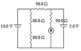 For the circuit shown in the figure,what current does the ideal ammeter read?   A) 0.033 A B) 0.078 A C) 0.23 A D) 0.12 A