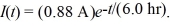 The current supplied by a battery as a function of time is   What is the total number of electrons transported from the positive electrode to the negative electrode from the time the battery is first used until it is essentially dead? (e = 1.60 × 10<sup>-19</sup> C)  A) 1.2 ×   B) 4.4 ×   C) 5.3 ×   D) 3.3 ×  
