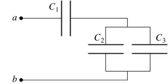 Three capacitors,with capacitances   = 4.0 μF,   = 3.0 μF,and   = 2.0 μF,are connected to a 12 -V voltage source,as shown in the figure.What is the charge on capacitor   ?   A) 16 μC B) 32 μC C) 2.0 μC D) 8.0 μC E) 4.0 μC