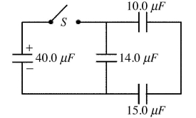 In the circuit shown in the figure,all the capacitors are air-filled.With the switch S open,the 40.0-µF capacitor has an initial charge of 5.00 µC while the other three capacitors are uncharged.The switch is then closed and left closed for a long time.Calculate the initial and final values of the total electrical energy stored in these four capacitors.  