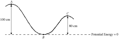 A 2.0 g bead slides along a frictionless wire,as shown in the figure.At point A,the bead is moving to the right but with negligible speed.   (a)What is the potential energy of the bead at point A? (b)What is the kinetic energy of the bead at point B? (c)What is the speed of the bead at point B? (d)What is the speed of the bead at point C?