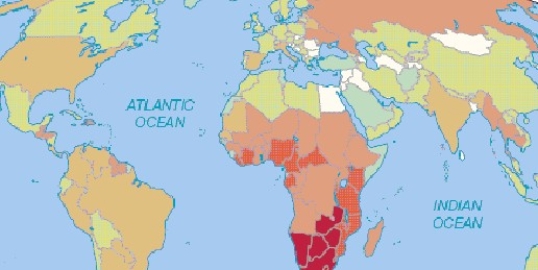   -The above map shows the worldwide distribution of what phenomenon (darker colours indicate more of it) ? A)  HIV/AIDS B)  Human Footprint C)  SARS D)  wealth E)  Ebola