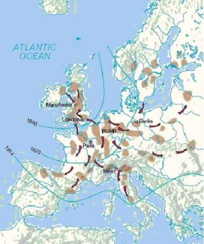   -The above map represents A)  the spread of the Industrial Revolution across Europe. B)  the expansion of British colonialism. C)  the occurrence of local conflicts that led to World War I. D)  the migration of refugees from England. E)  the diffusion of nuclear power plants across Europe.