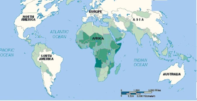  -In the above map,the darker areas most likely represent areas of higher A)  birth rates. B)  death rates. C)  refugee populations. D)  education levels. E)  nutritional densities.