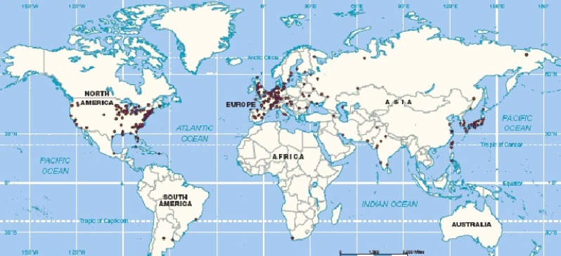   -The above map shows the world distribution of A)  nuclear reactors. B)  hydropower facilities. C)  wood-fired power plants. D)  natural gas fields. E)  oil refineries.
