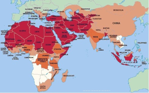   -In the above map,the darkest shadings indicate countries where the population of ________ is over 50%. A)  Muslims B)  Buddhists C)  Sikhs D)  Jews E)  Hindus