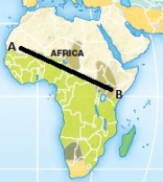   -The line that stretches from A to B in the above map separates which of the following two major languages of the world (before European expansion and globalization carried the languages of the colonizers around the world) ? A)  Niger Congo from Afro-Asiatic language speakers B)  Amerind from Afro-Asiatic speakers C)  Austronesian from Caucasian speakers D)  Caucasian from Japanese speakers E)  Caucasian from Afro-Asiatic language speakers