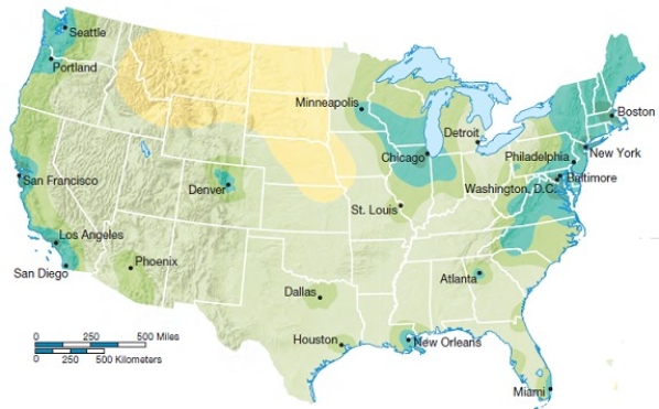  -In the above isoline map,the darkest shadings illustrate ________ for cities in the United States,as expressed by architecture students at Virginia Tech in 1996. A)  prime agricultural land B)  collective preferences C)  obesity rates D)  green space E)  areas of smart growth