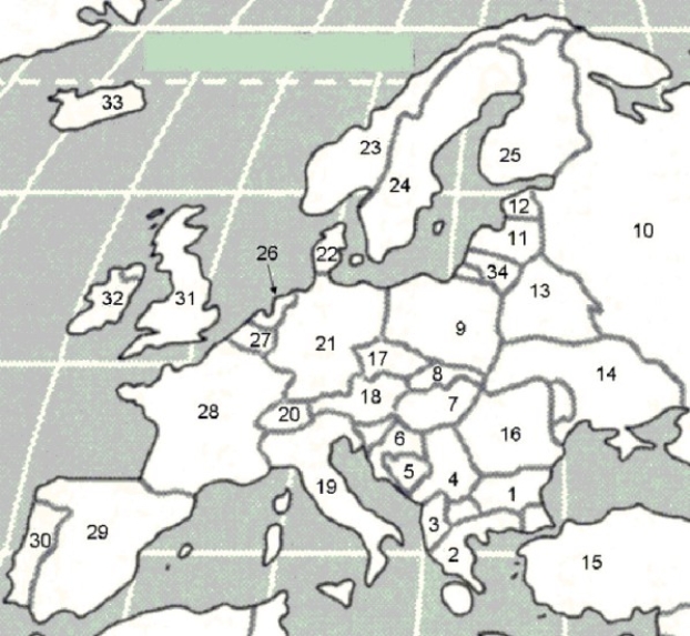   -Finland is labeled with number A)  2. B)  5. C)  11. D)  22. E)  25.