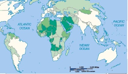   -The lightly shaded countries in the above map have diversified export bases.The darkly shaded countries depend on ________ for foreign exchange (export earnings) . A)  one or two commodities B)  the service sector C)  energy resources D)  tourism E)  both a and b