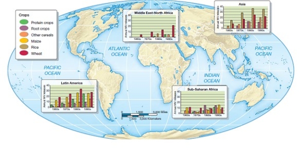   -The above world map best illustrates the increased yields of protein crops brought about by A)  the Biorevolution. B)  pastoralism C)  the use of GMO seeds. D)  hunter-gatherer societies 10,000 years ago. E)  the Green Revolution.