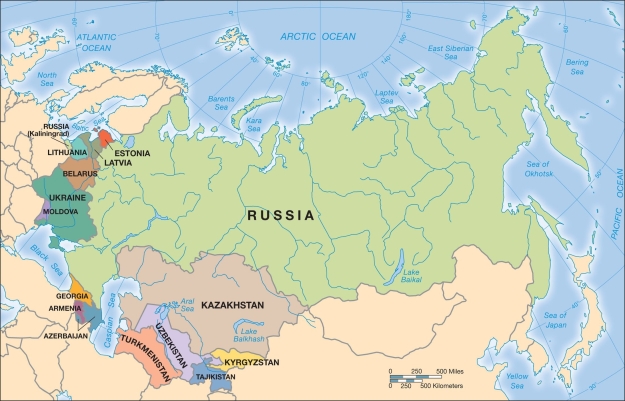   -The shaded and labeled countries in the above map represent A)  the republics of the former USSR. B)  the Commonwealth of Independent States. C)  the Russian Federation. D)  the European Union. E)  the countries behind the Iron Curtain.