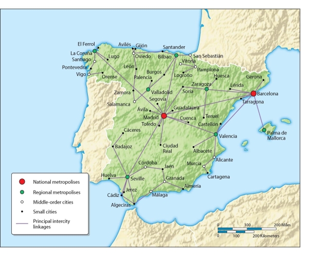   -The above map of Spain visually demonstrates the A)  hierarchical nature of central place theory. B)  overurbanization of the country. C)  the rank size rule. D)  the world city network. E)  reurbanization of the country.