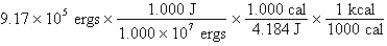  Which response has the correct number of significant figures and units for the following mathematical operation?   A)  2.192  \times   10<sup>-5</sup> J/cal B)  2  \times   10<sup>-5</sup> kcal C)  2.192 \times   10<sup>-5</sup> kcal D)  2.19  \times   10<sup>-5</sup> kcal E)  2.2  \times   10<sup>-5</sup> kcal 