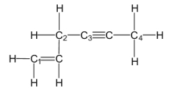 Which of the labeled carbon atoms (C<sub>1</sub>-C<sub>4</sub>) is/are sp hybridized?   A)  C<sub>1</sub> B)  C<sub>1</sub> and C<sub>2</sub> C)  C<sub>3</sub> D)  C<sub>2</sub> and C<sub>4</sub> E)  C<sub>1</sub> and C<sub>3</sub>
