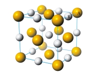  What is the  \underline{\text{simplest  }}   formula of the compound represented by the unit cell provided below?   A)  AB B)  AB<sub>2</sub> C)  AB<sub>3</sub> D)  A<sub>2</sub>B<sub>3</sub> E)  A<sub>2</sub>B<sub>4</sub> 