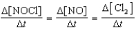  Which relationship correctly compares the rates of the following reactants and products? 2 NOCl(g)  \to  2 NO(g) + Cl<sub>2</sub>(g)  A)    B)    C)    D)    E)    